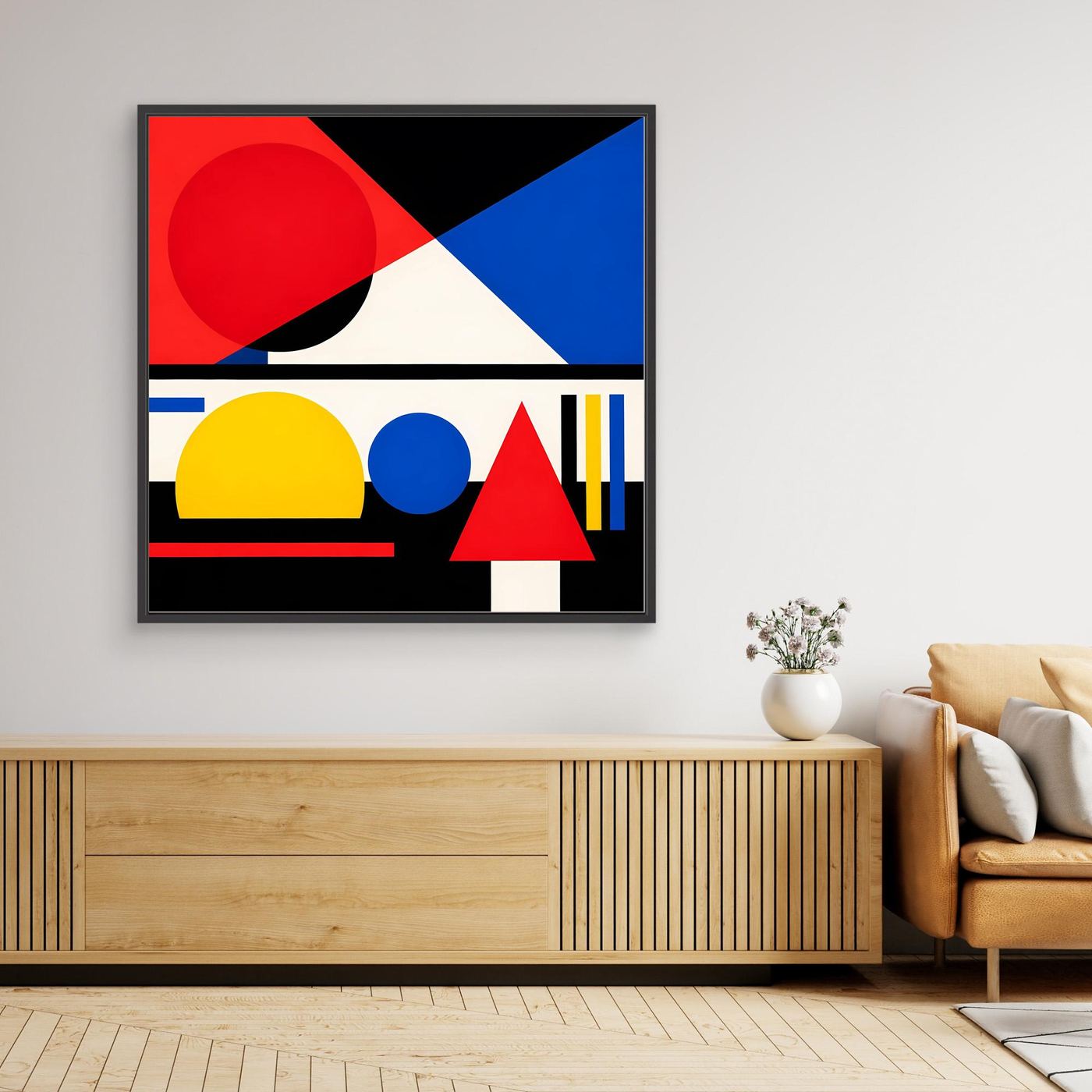 Gerahmtes Leinwandbild mit geometrischer Abstraktion, Rot, Blau und Gelb im Raster