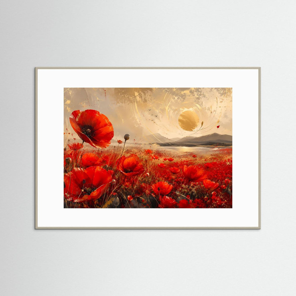Gerahmtes Wandbild mit rotem Mohnblumenfeld, goldener Sonne und Landschaftsmotiv, hell
