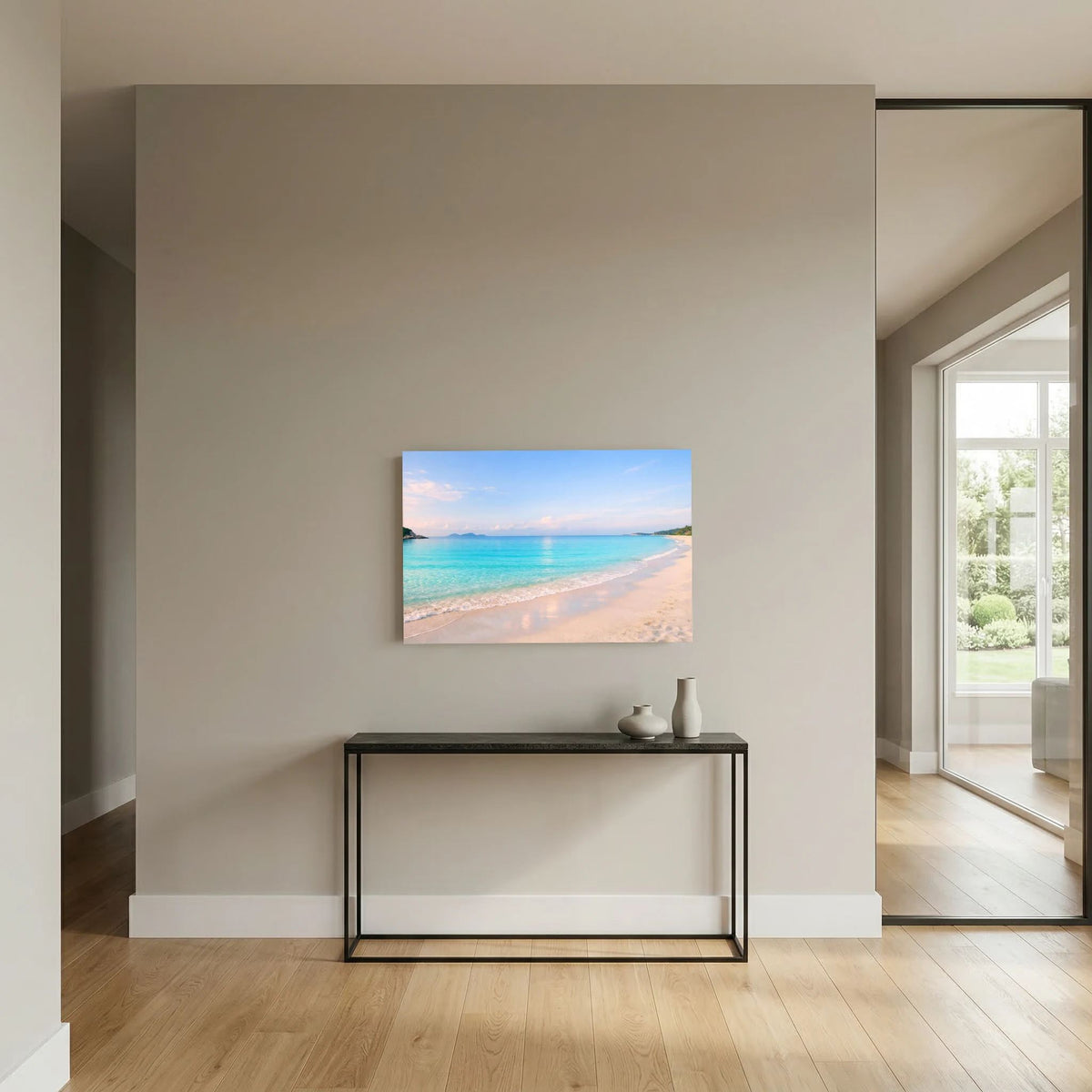 Wandbild im Querformat mit Strandmeer-Motiv: türkisblaues Wasser und Sandstrand.