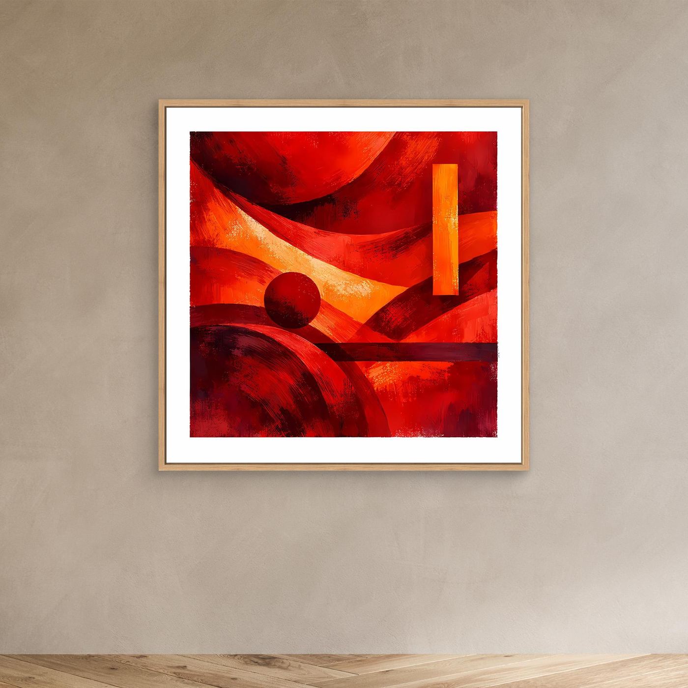 Leinwandbild mit abstrakten roten, orangefarbenen und schwarzen Formen, heller Holzrahmen