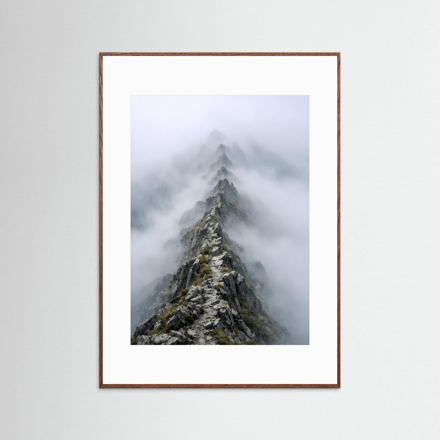 Hochformatiges Poster mit Bergspitze im Nebel, braun gerahmt