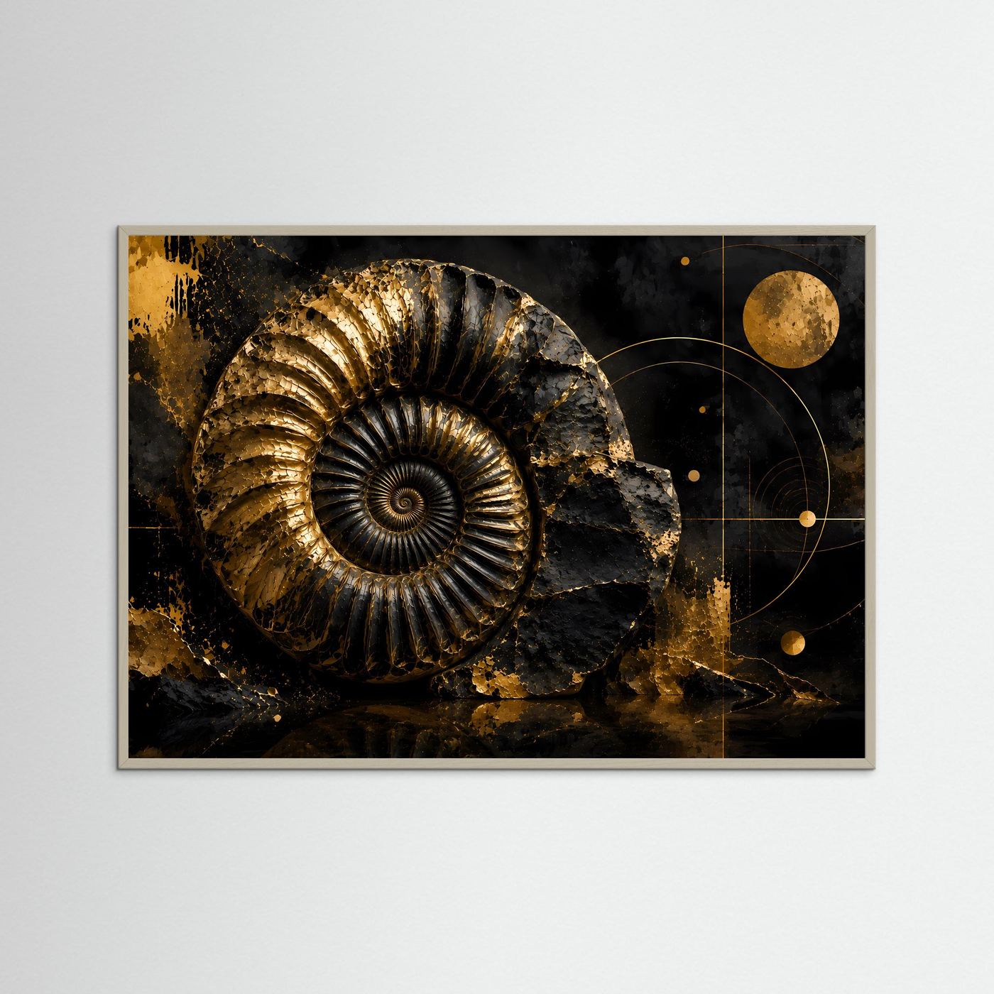 Querformat-Poster mit goldenem Ammonit auf dunklem Hintergrund, Kreislinien und goldenen Punkten, helles Holz gerahmt