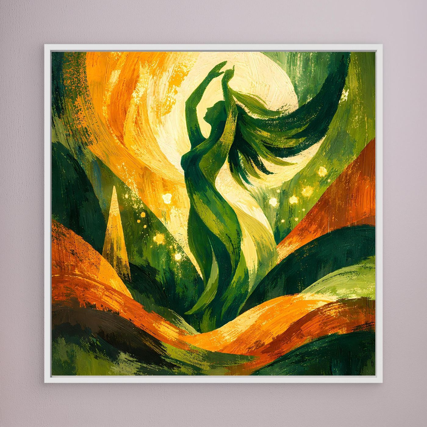 Leinwand-Wandbild mit grüner Göttinnenfigur und orangefarbenen Bögen, weiß gerahmt