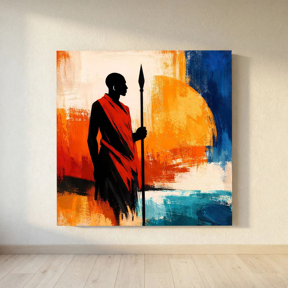Wandbild: schwarze Kriegerfigur mit rotem Umhang und Speer vor orange-blauem Hintergrund