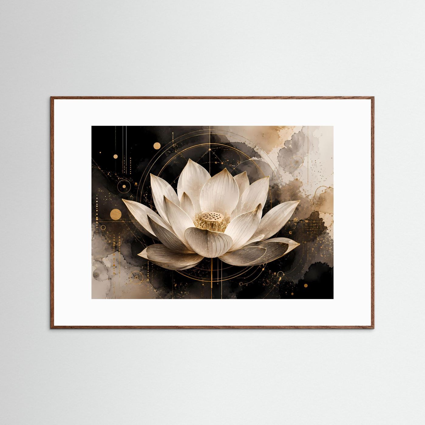 Rahmenposter mit abstrakter Lotusblüte im braunem Holzrahmen, Schwarz-Gold-Weiß