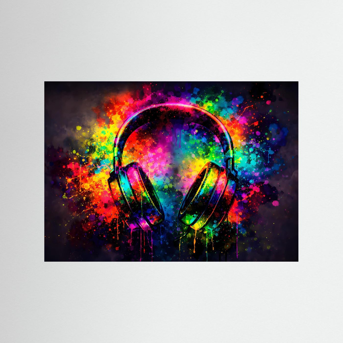 Musikposter mit Kopfhörern in Neon-Splash-Art, Querformat