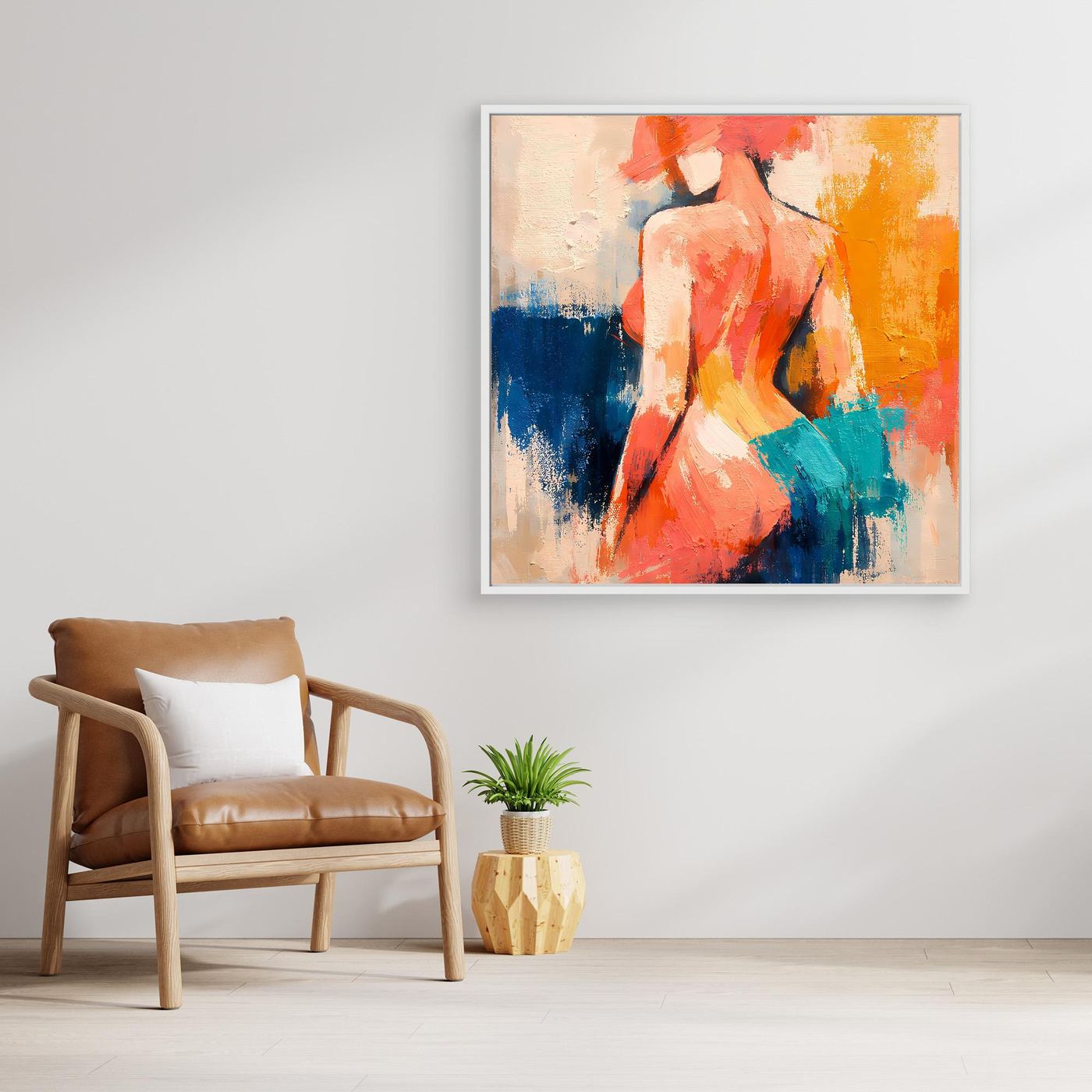 Canvas wall art print of abstract female back silhouette, wooden frame, colorful brushstrokes