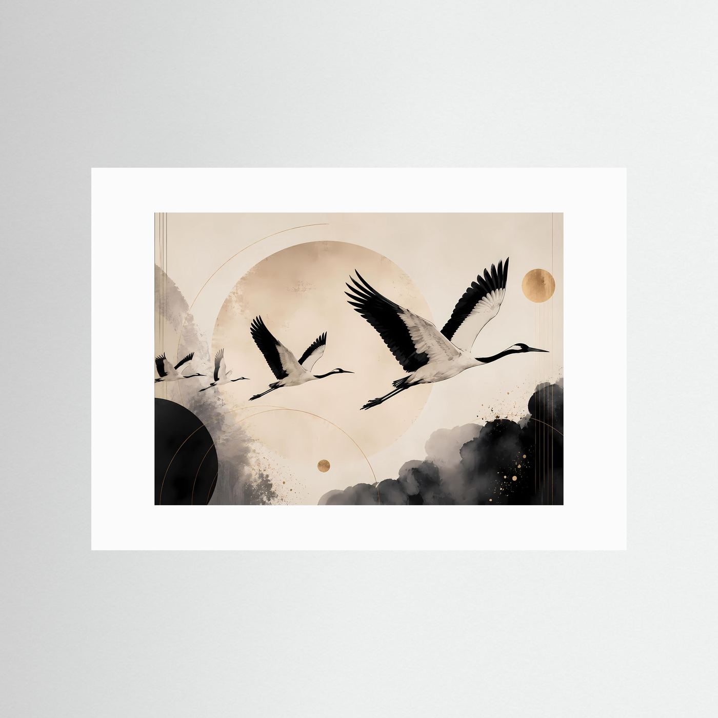 Querformatiges Kranich-Poster mit weißem Rand, schwarz-beige mit goldenen Akzenten