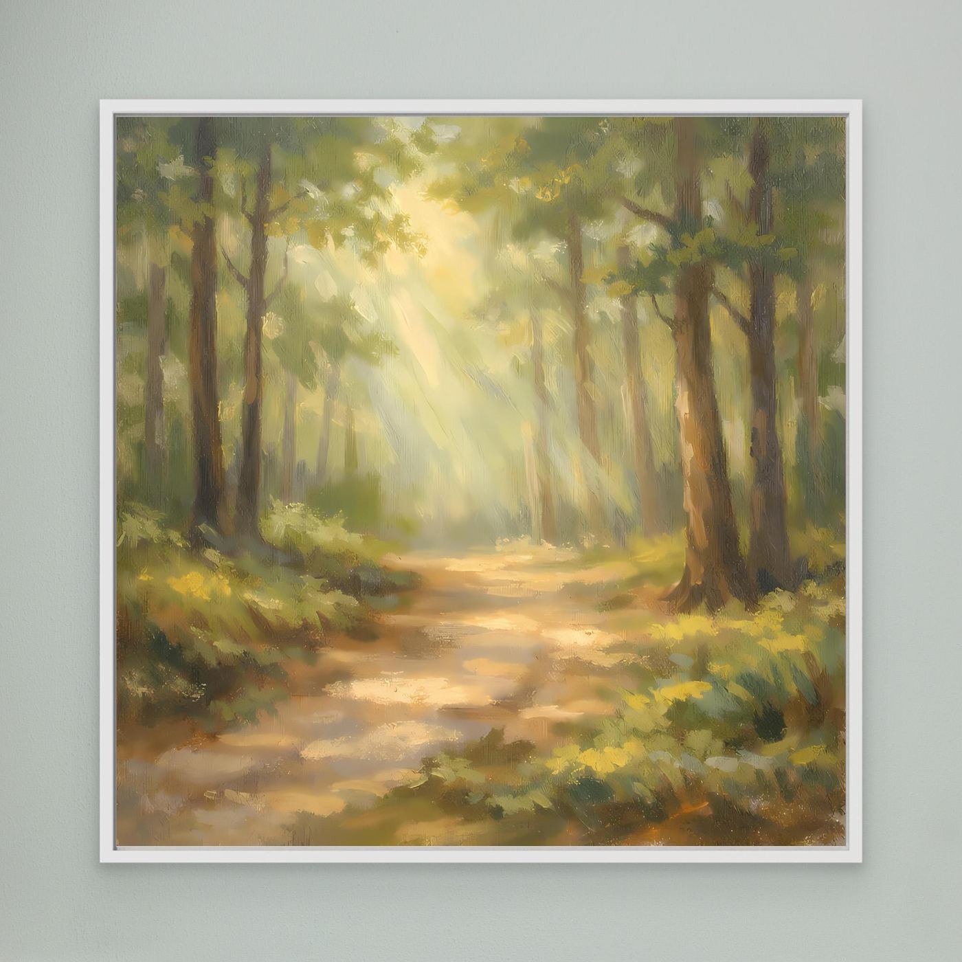 Leinwandbild Waldweg im Sonnenschein, weiß gerahmt