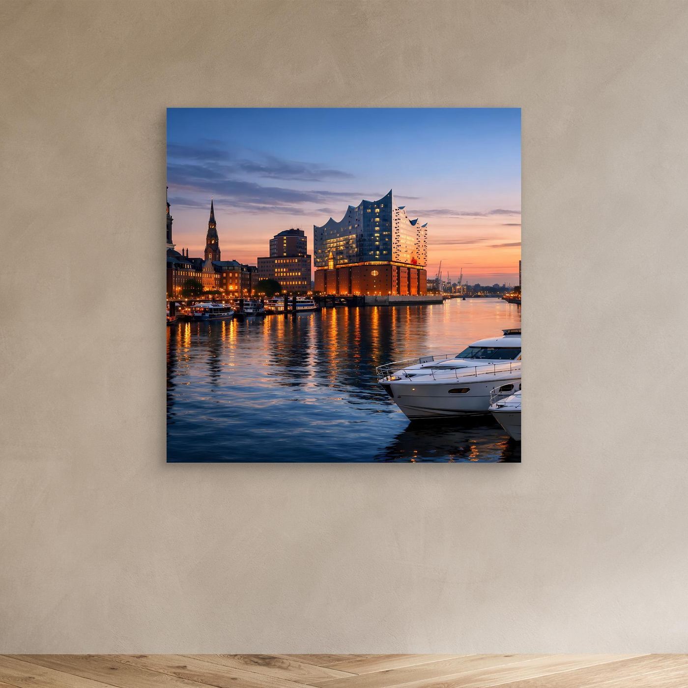 Leinwand-Wandbild mit Skyline am Wasser bei Dämmerung, beleuchtete Gebäude und Boot