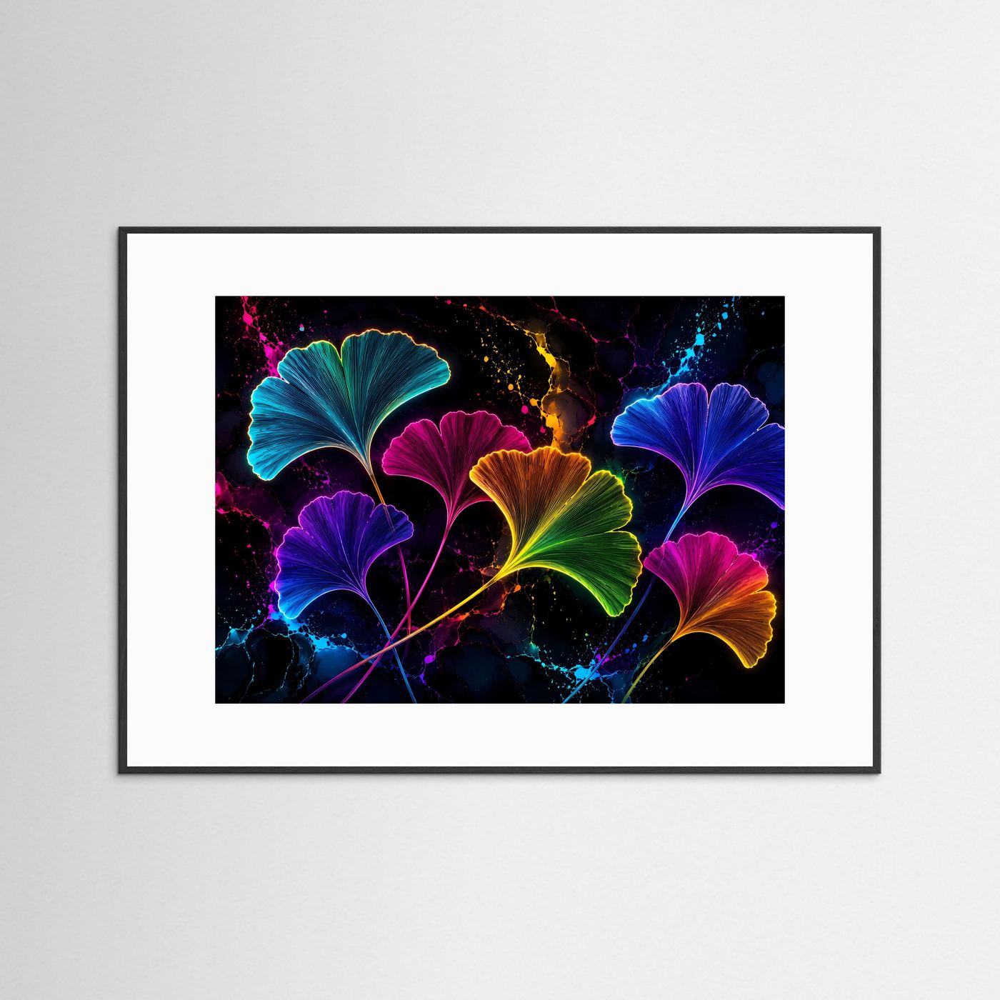 Modernes Ginkgo-Blatt-Poster im Neon-Look mit schwarzem Rahmen und weißem Passepartout