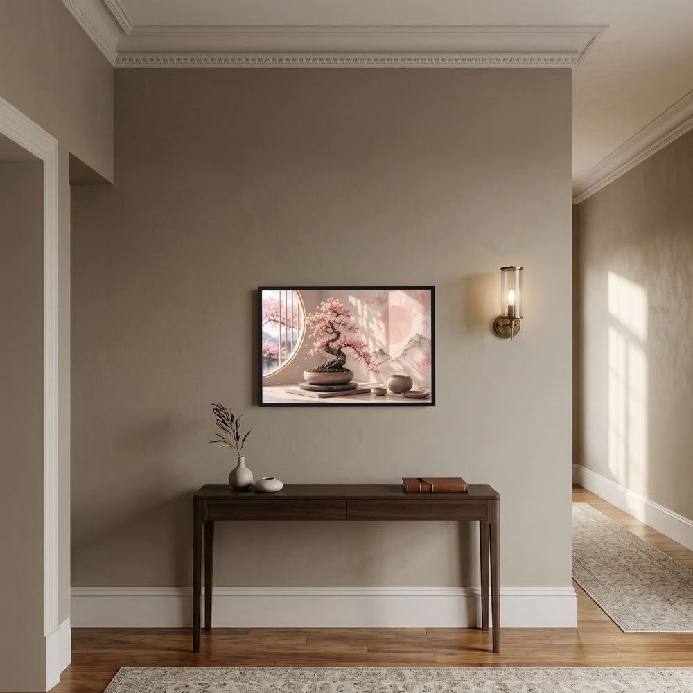 Dunkel gerahmtes Querformat-Poster mit Kirschblüten-Bonsai in Pastellrosa