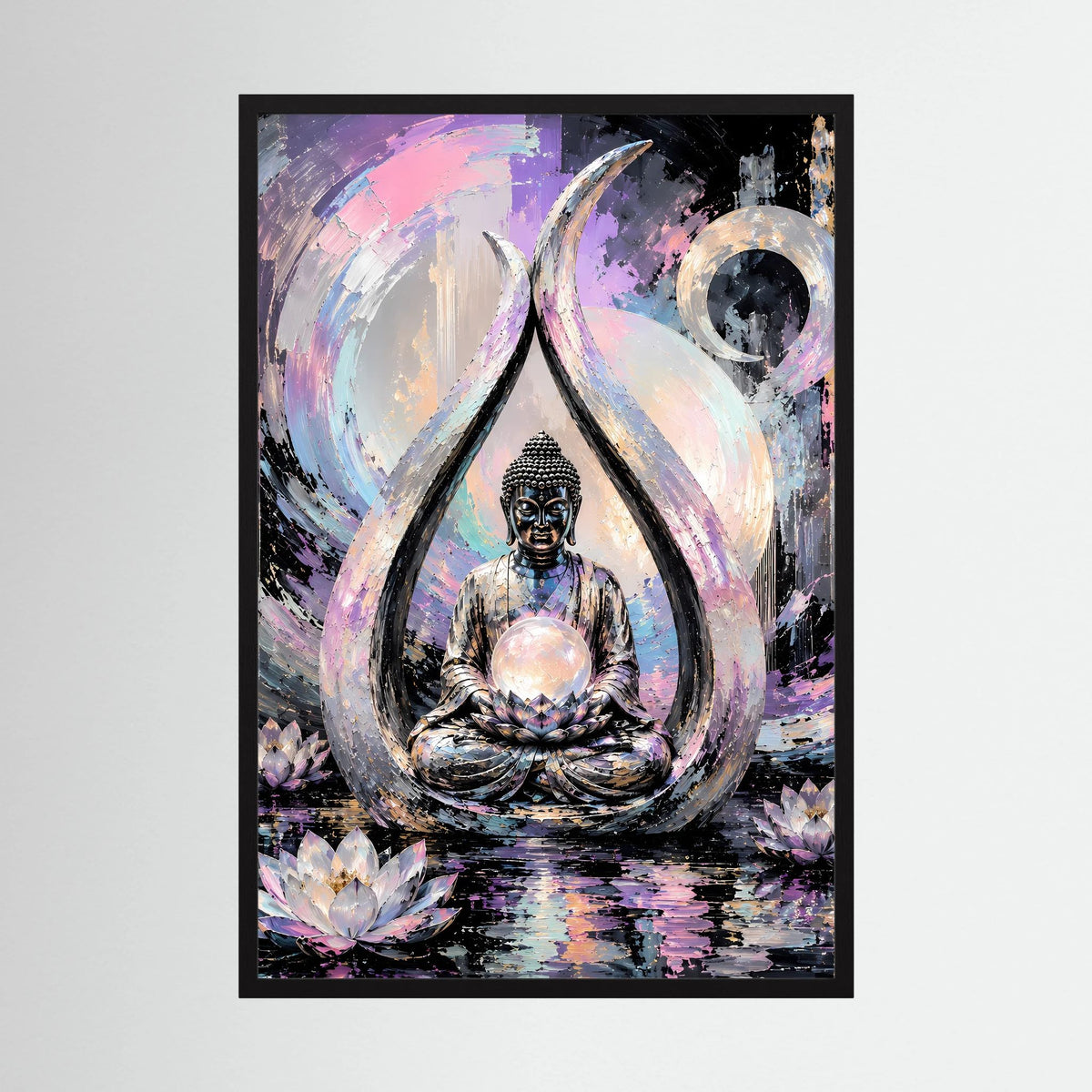 Gerahmtes Kunstposter mit Buddha im Lotus im Kreis, Pastellfarben, schwarzer Rahmen