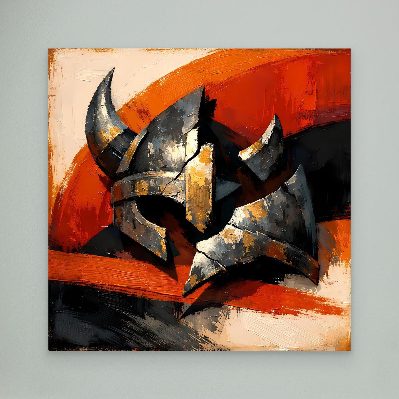 Gerahmtes Leinwandbild mit Wikingerhelm, abstrakt gestaltet in Grau, Schwarz und Orange