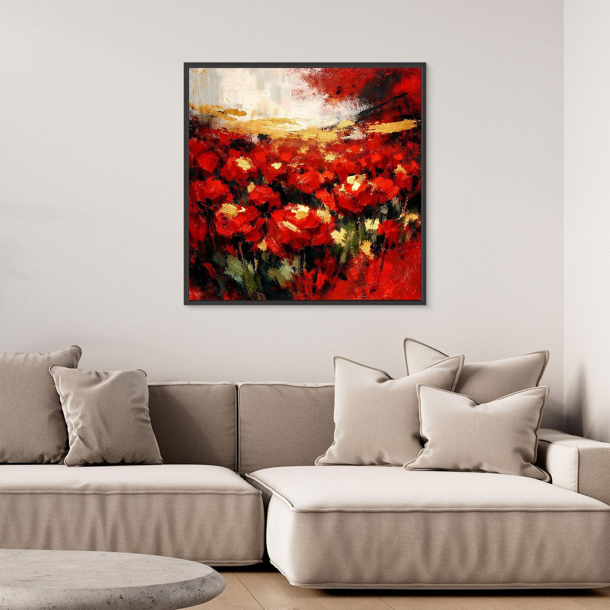 Leinwand-Wandbild mit abstrakten roten Blüten und goldenen Akzenten, mit schwarzem Rahmen.