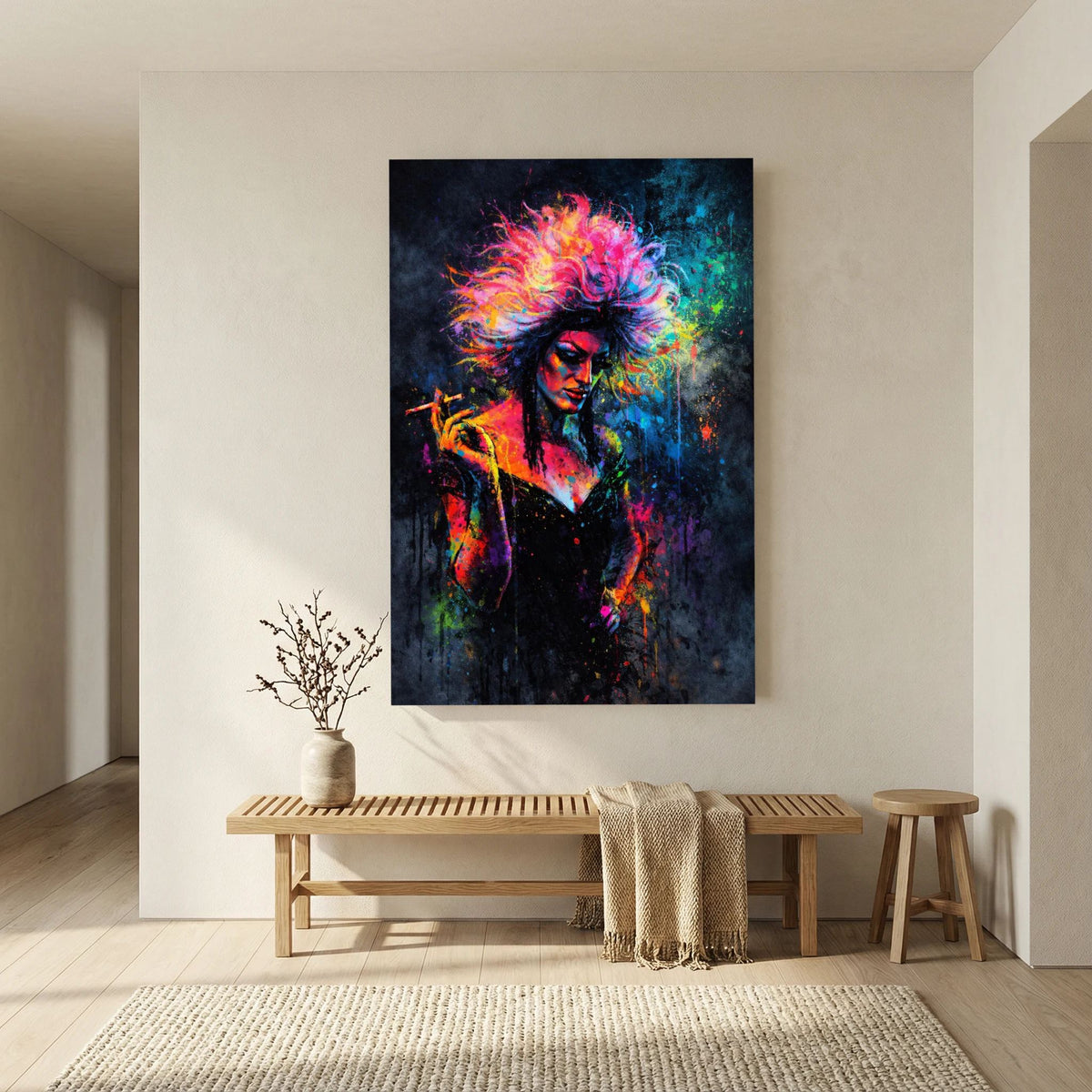 Hochformatiges Poster einer Drag-Queen mit buntem Haar und Zigarette, Farbexplosion
