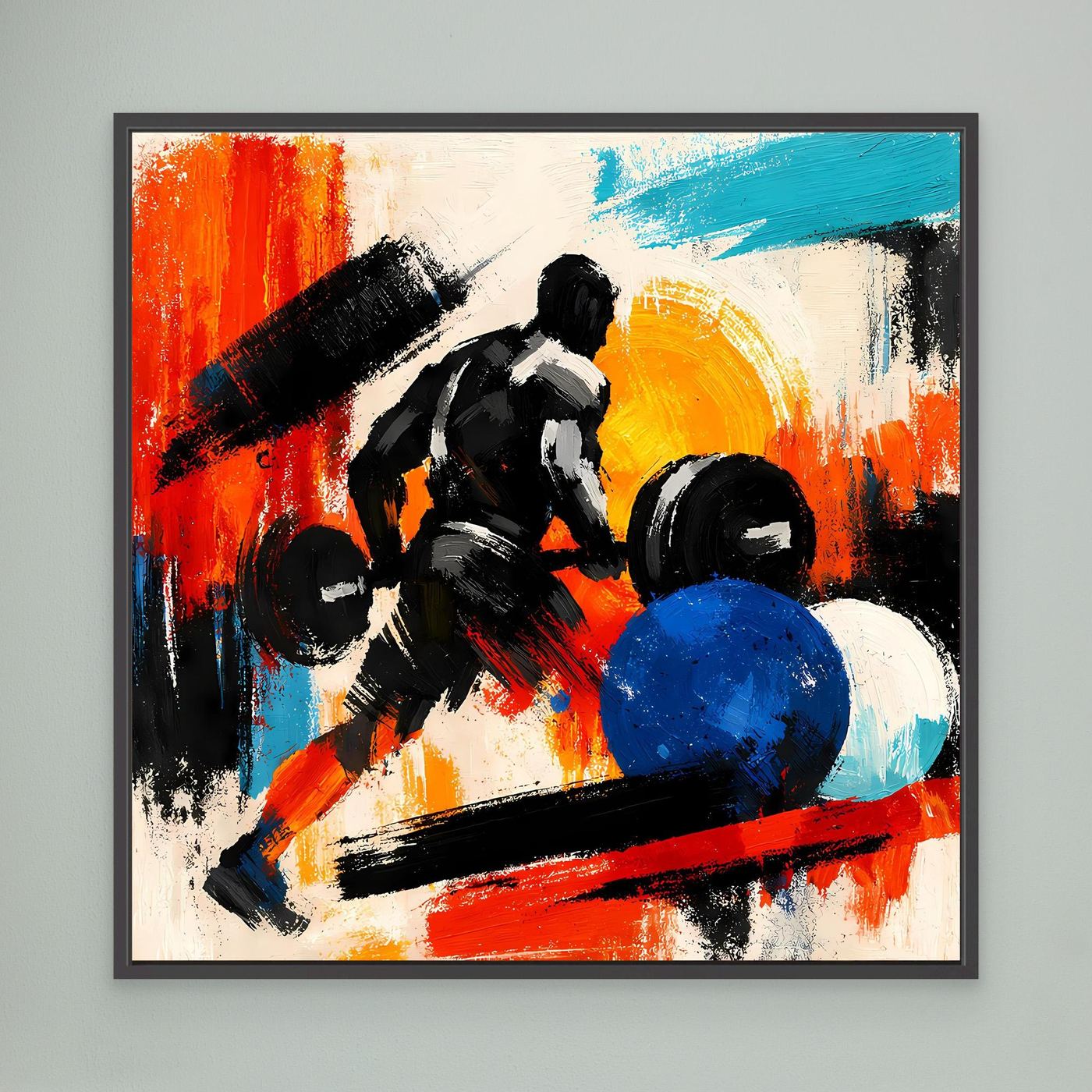 Black-framed canvas wall art with an abstract bodybuilder lifting weights in red, blue, black.