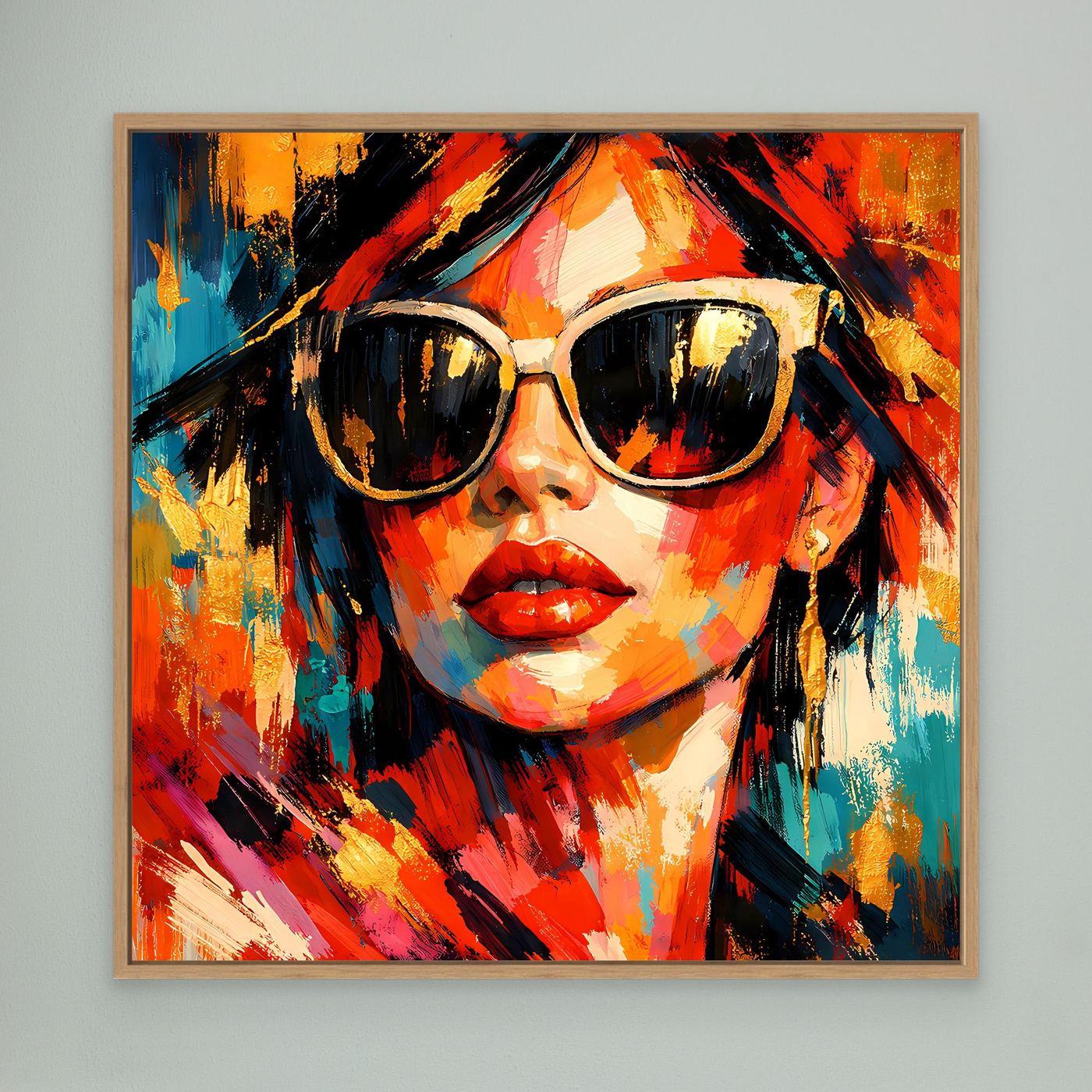 Nahaufnahme: Leinwandbild mit Pop-Art-Frau mit Sonnenbrille, buntes Farbspritzdesign im Eichenrahmen