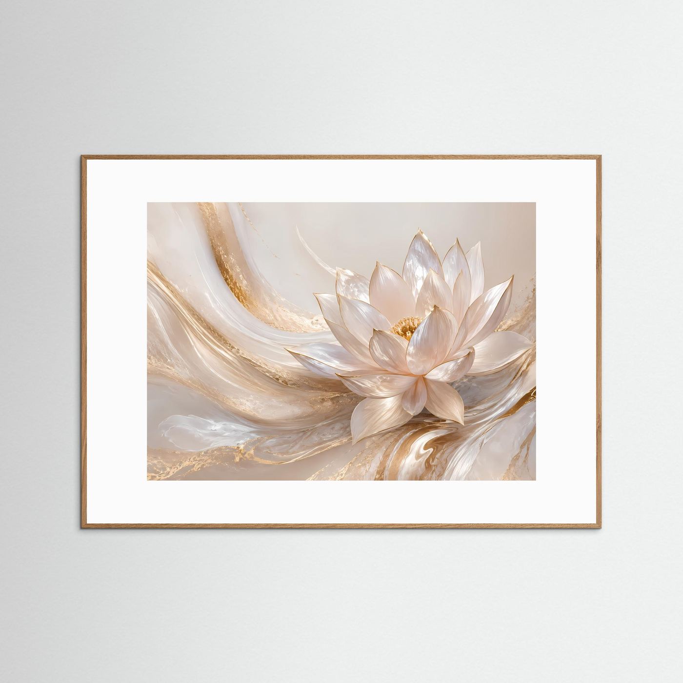 Poster Querformat mit Lotusblüten in Creme und Gold im hellbraunen Holzrahmen mit Weißrand