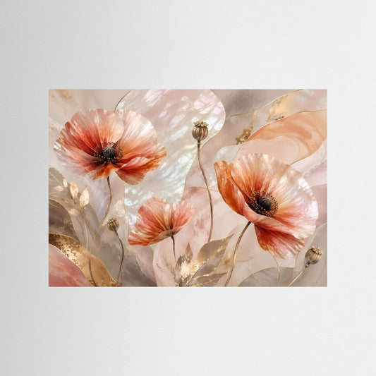 Poster mit abstrakten Mohnblumen in Pastell, Perlmutt-Optik, Querformat ohne Rahmen.