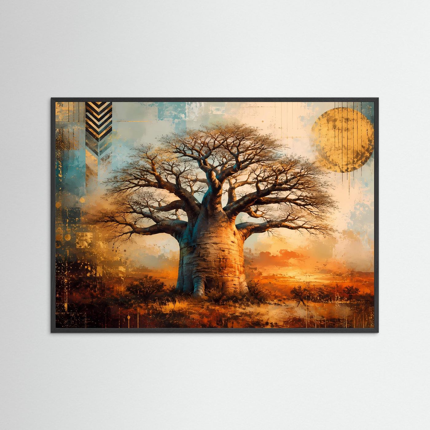 Majestätischer Baobab-Baum im Sonnenuntergang | Modernes Wandbild mit Natur-Motiv & Gold-Akzenten