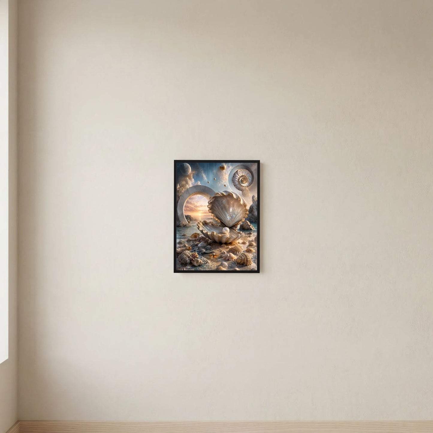 Perlmutt-Muschel-Poster mit Perle in Creme- und Goldtönen, Meerlandschaft