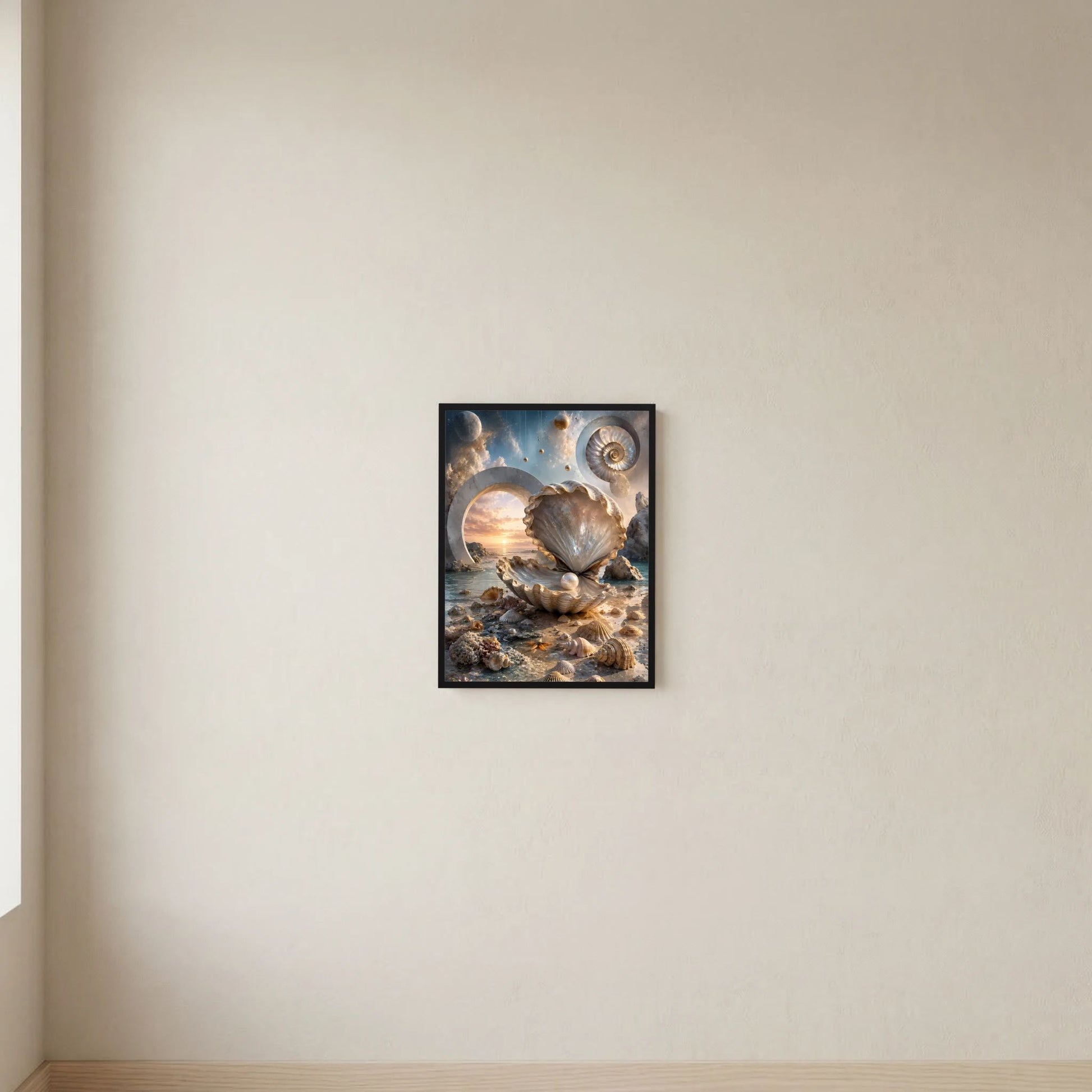 Perlmutt-Muschel-Poster mit Perle in Creme- und Goldtönen, Meerlandschaft