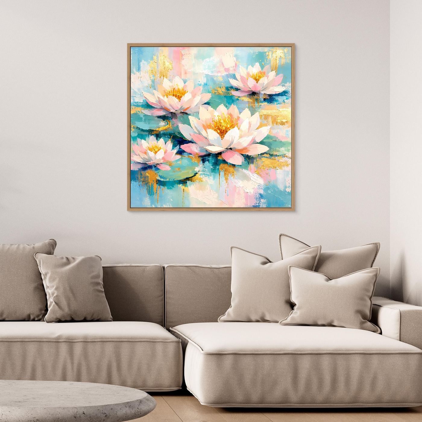Leinwandbild mit abstrakten Seerosenblüten (Rosa, Gelb, Blau) mit hellem Rahmen