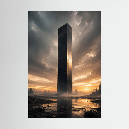 Poster im Hochformat mit schwarzem Monolithen vor Landschaft im Sonnenlicht