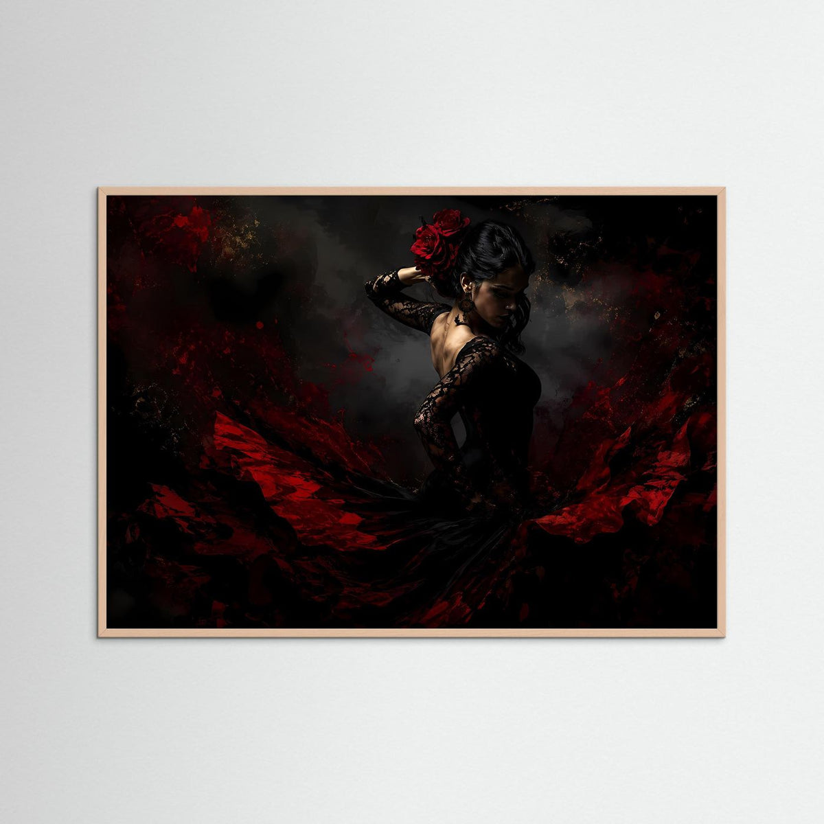 Querformatiges Flamenco-Wandbild mit Roséholzrahmen, Tänzerin in Rot und Schwarz.