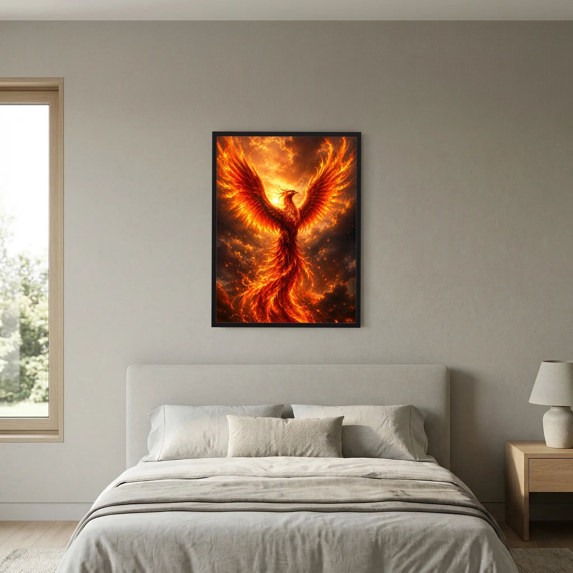 Poster mit schwarzem Rahmen: Phönix aus Feuer, leuchtend gold-orange