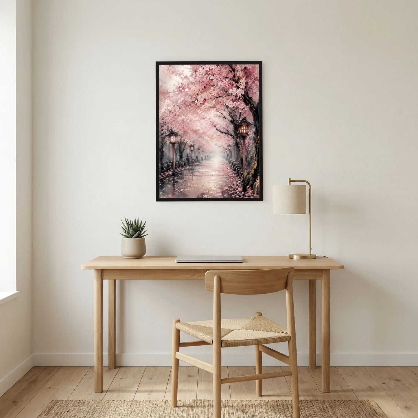 Gerahmtes Poster mit rosa Kirschblütenallee und Laternen, Hochformat