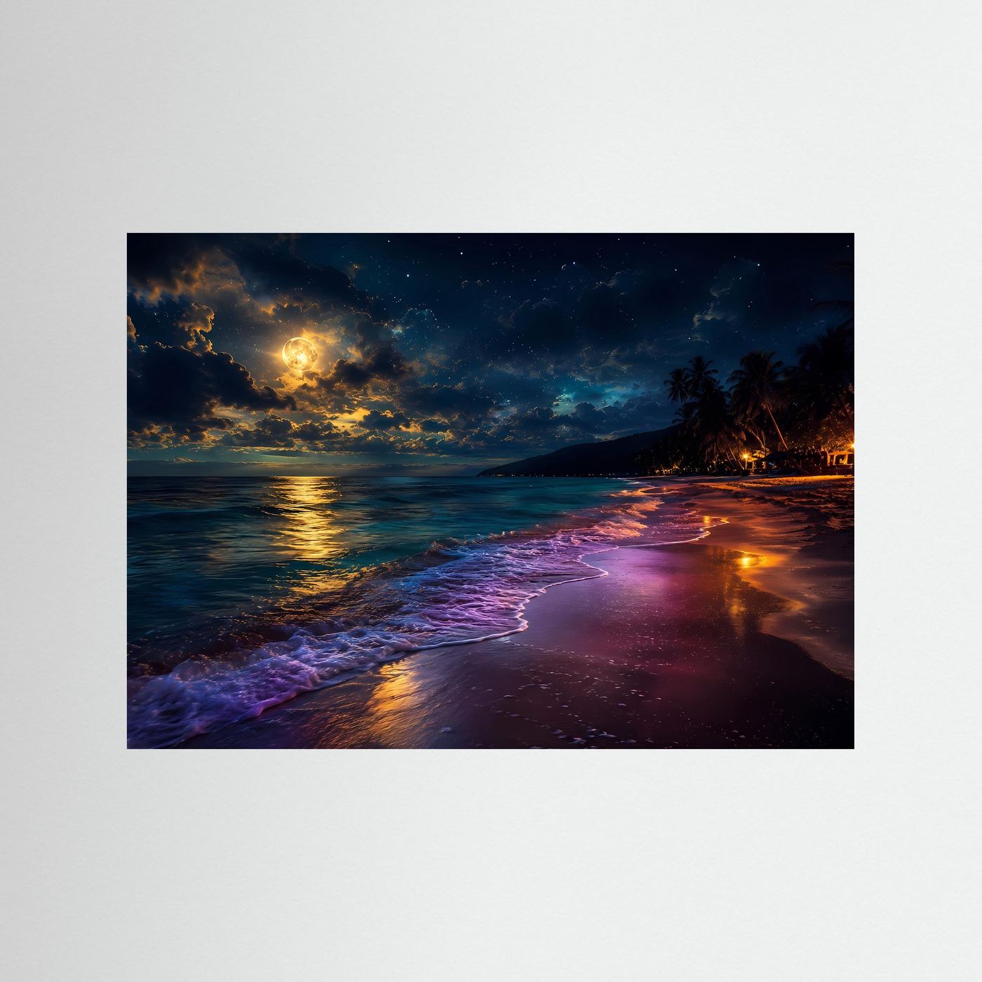 Mondschein Strand Poster Querformat | Tropische Nacht am Meer | Leuchtender Vollmond & Ozean Wandbild