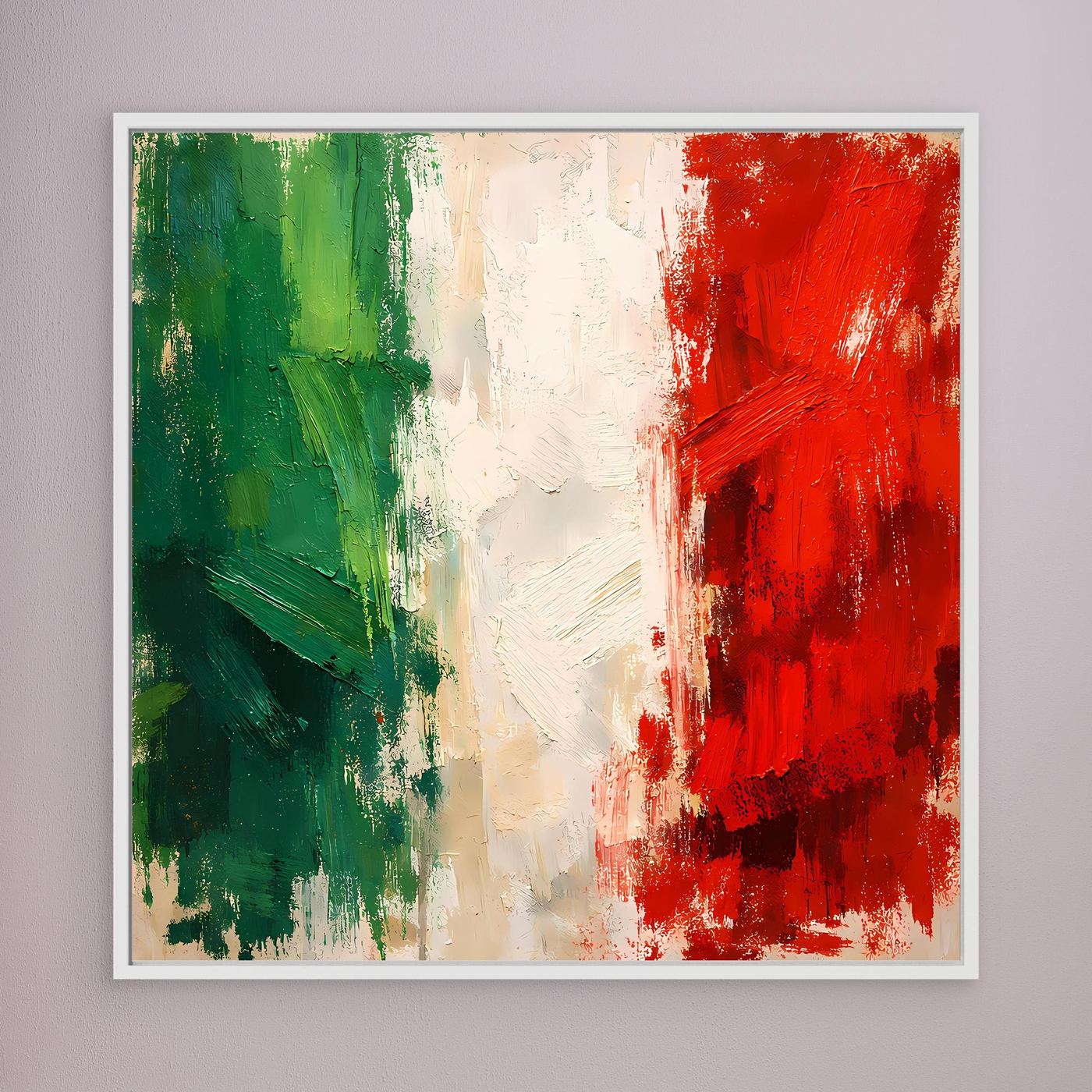 Abstract Italian flag wall canvas with white frame, green and red textured paint