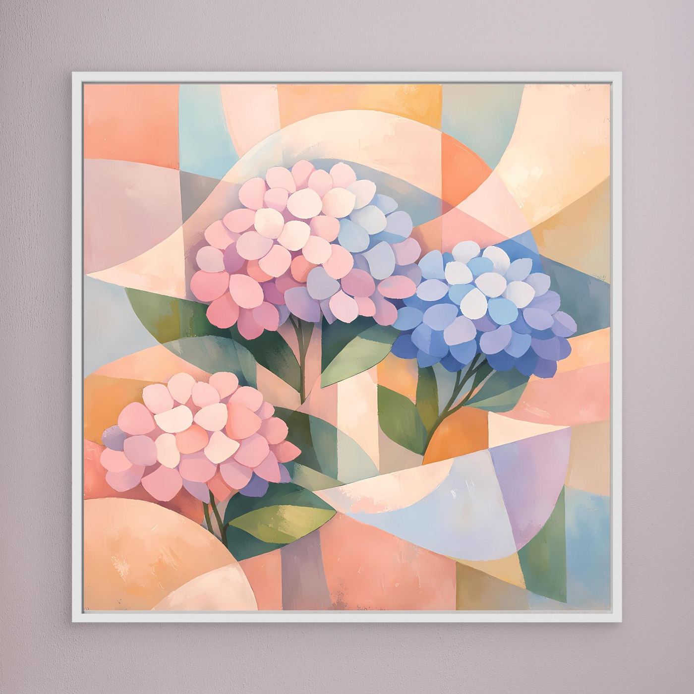 Leinwandbild mit geometrischen Hortensien in Pastellfarben, weißer Rahmen