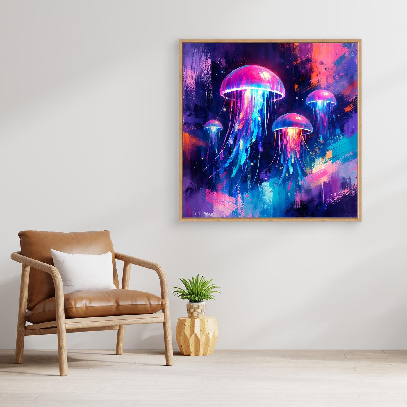 Leinwand Magische Leuchtquallen im Tiefsee-Ozean | Abstraktes Neon Wandbild