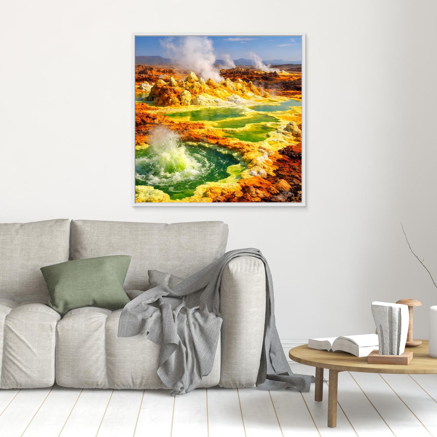 Kleines gerahmtes Leinwandbild mit Dallol-Vulkan und hydrothermalen Quellen, orangefarbene Steine