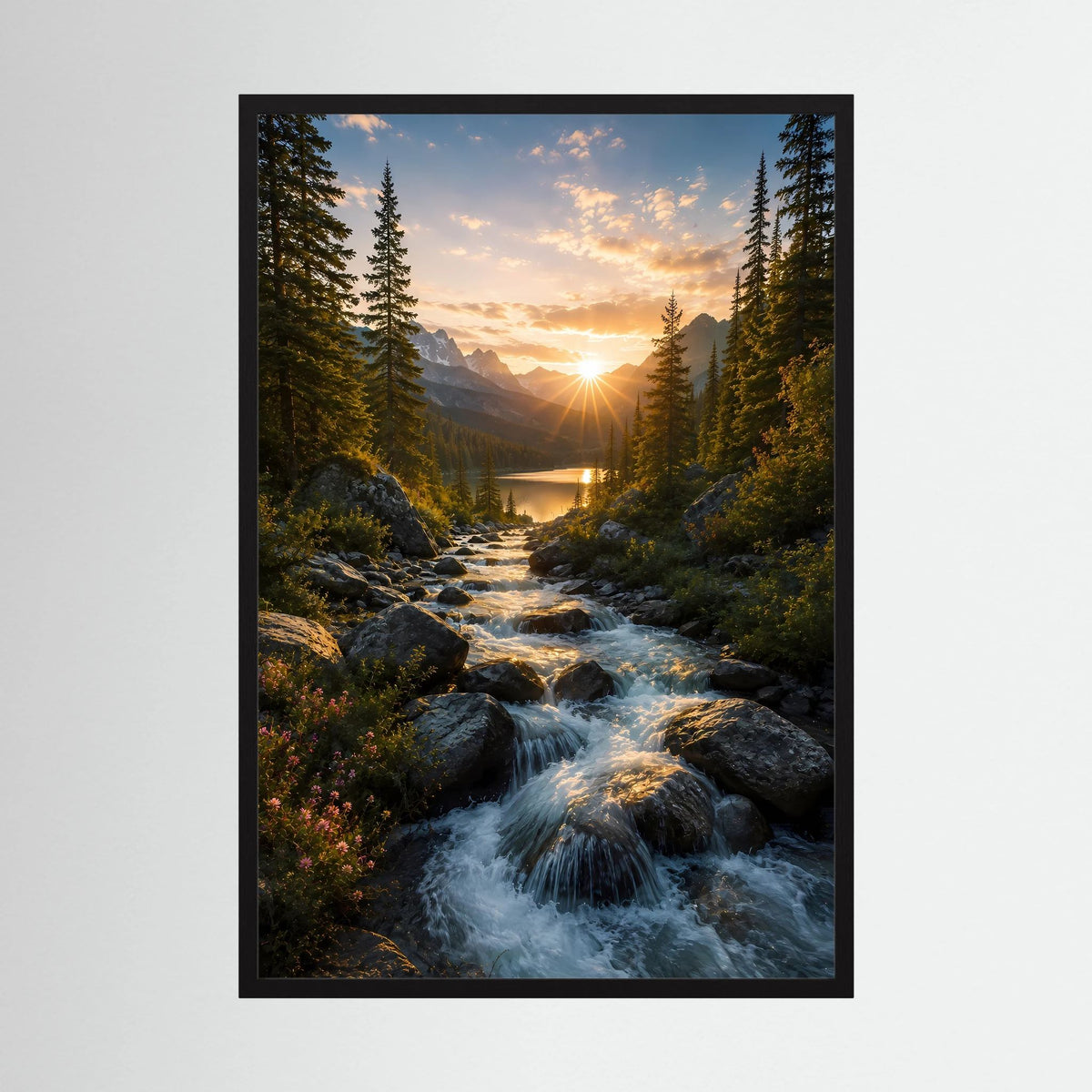 Hochformat-Poster mit Wasserlauf zwischen dunklen Felsen und Tannen im Sonnenuntergang.