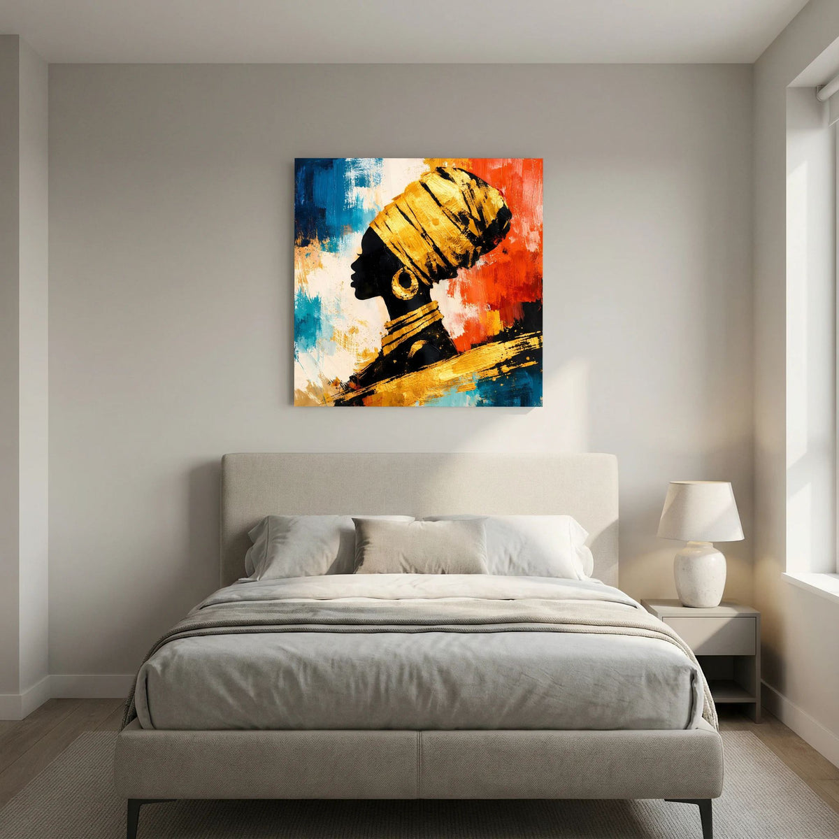 Leinwand-Wandbild über dem Bett: abstraktes Kopfprofil mit goldenen Details in Blau und Rot