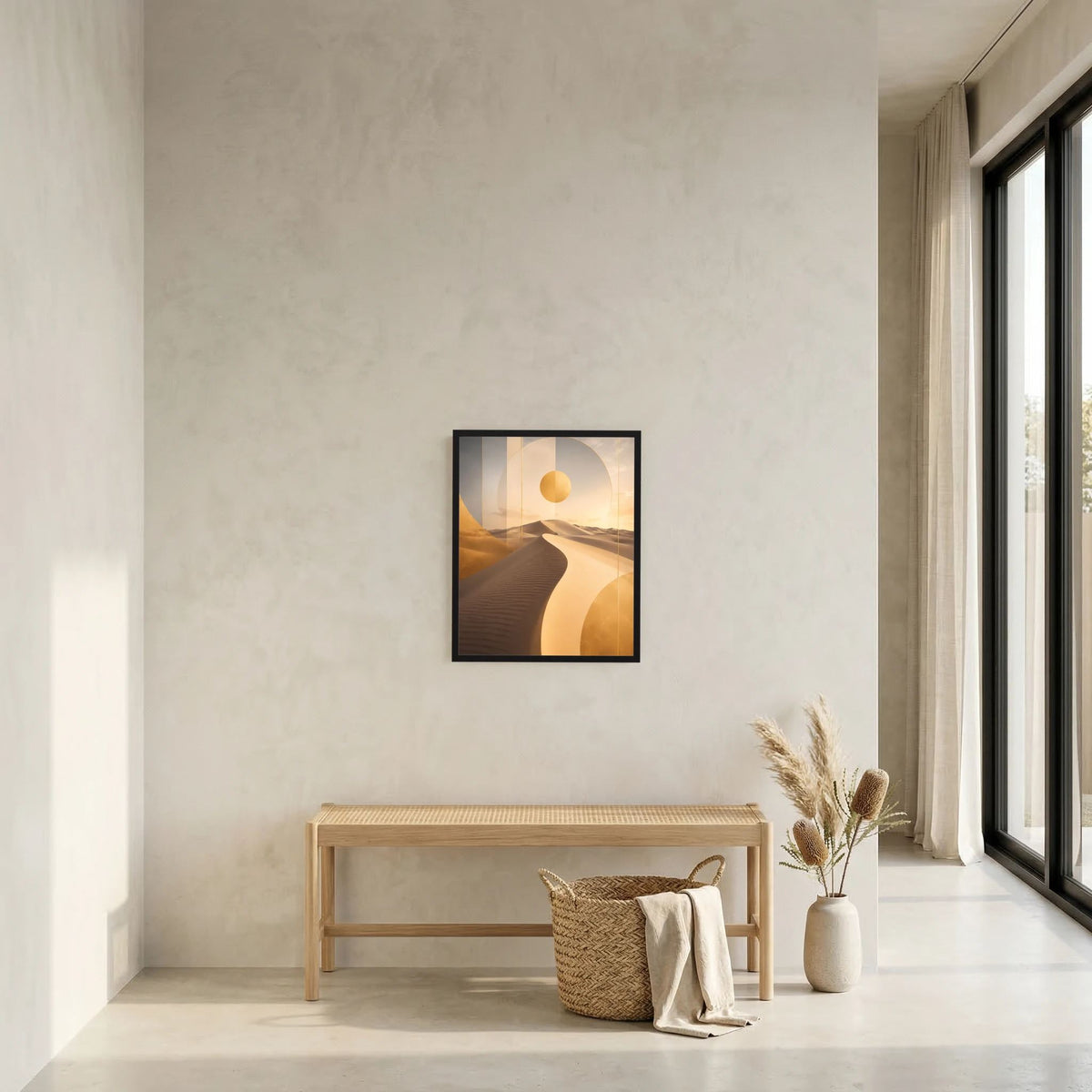 Kleines gerahmtes Poster: abstrakte Wüste mit Dünen und goldener Sonne