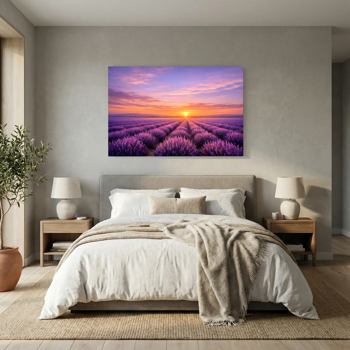 Wandbild im Querformat mit Lavendelfläche, violetten Blüten und tief stehender Sonne