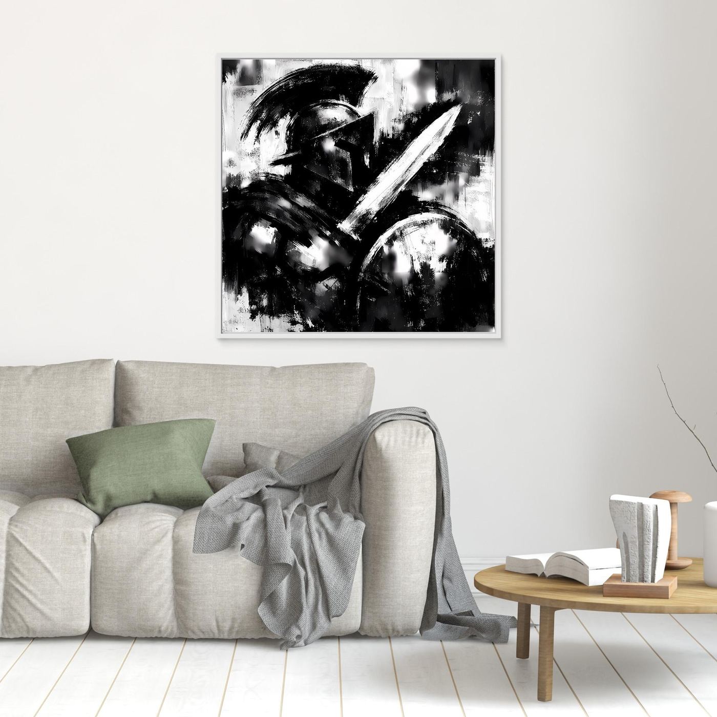 Abstraktes Wandbild Schwarzweiß mit Pinselstrichen, weißer Rahmen