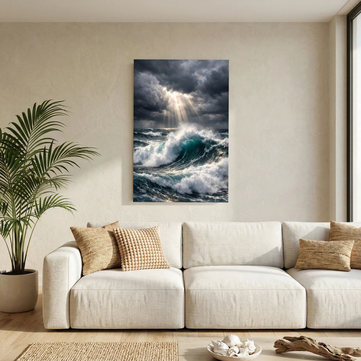 Wandbild mit Meerestief in Türkis, hohe Gischt und Sturmwellen unter Gewitterwolken