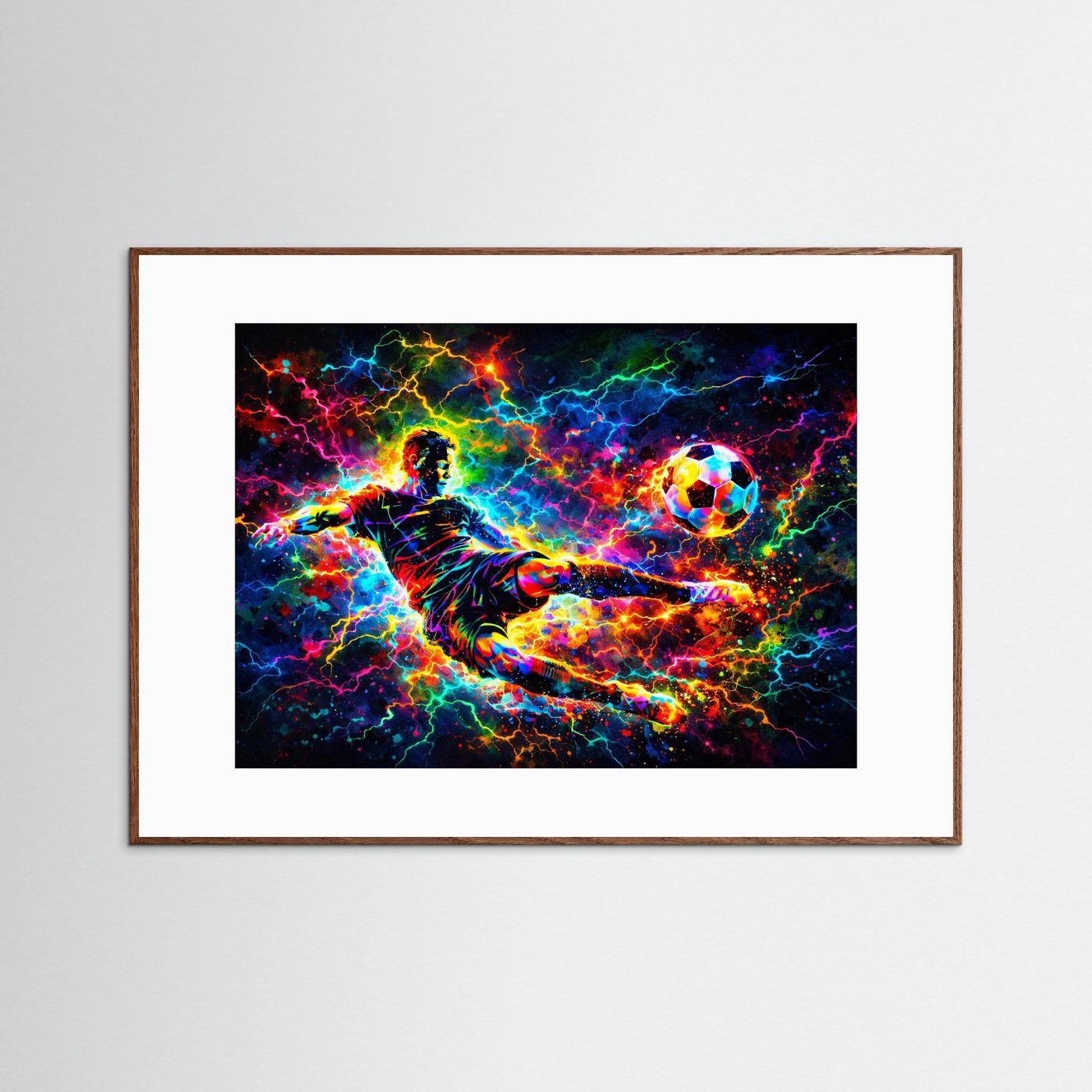 Wandbild mit Neon-Fußballspieler, Fußball und bunten Energie- und Blitzeffekten, braun gerahmt