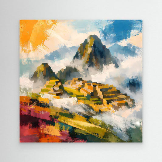 Leinwand-Wandbild mit abstrakten Inka-Ruinen, Berge und Terrassen in Blau, Gelb und Rot.