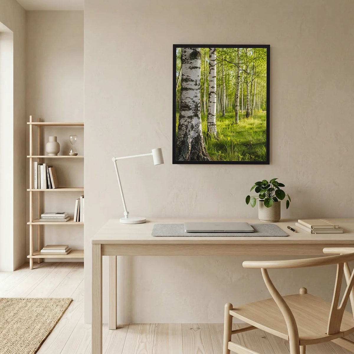Hochformatiges Birkenwald-Poster im schwarzen Rahmen, Birkenstämme im Vordergrund