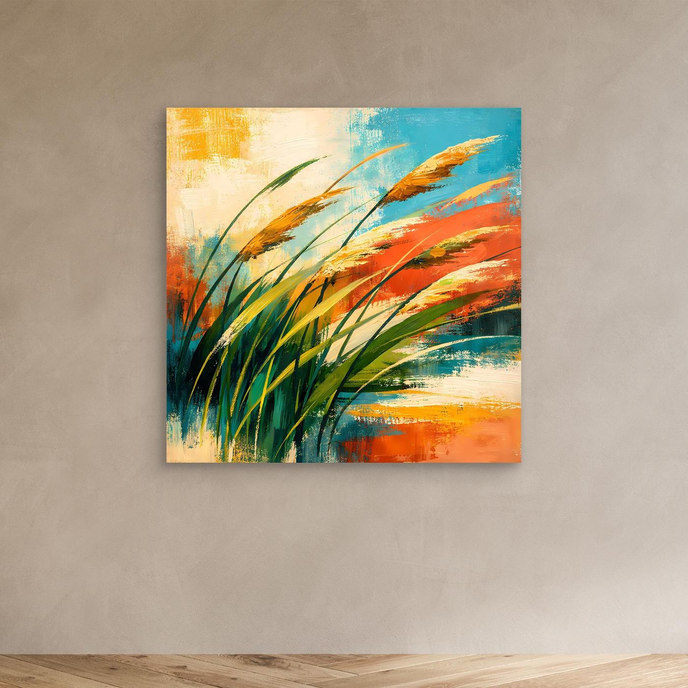 Kleines Leinwandbild mit abstrakten Gräsern (Grün, Orange, Blau), ungerahmt