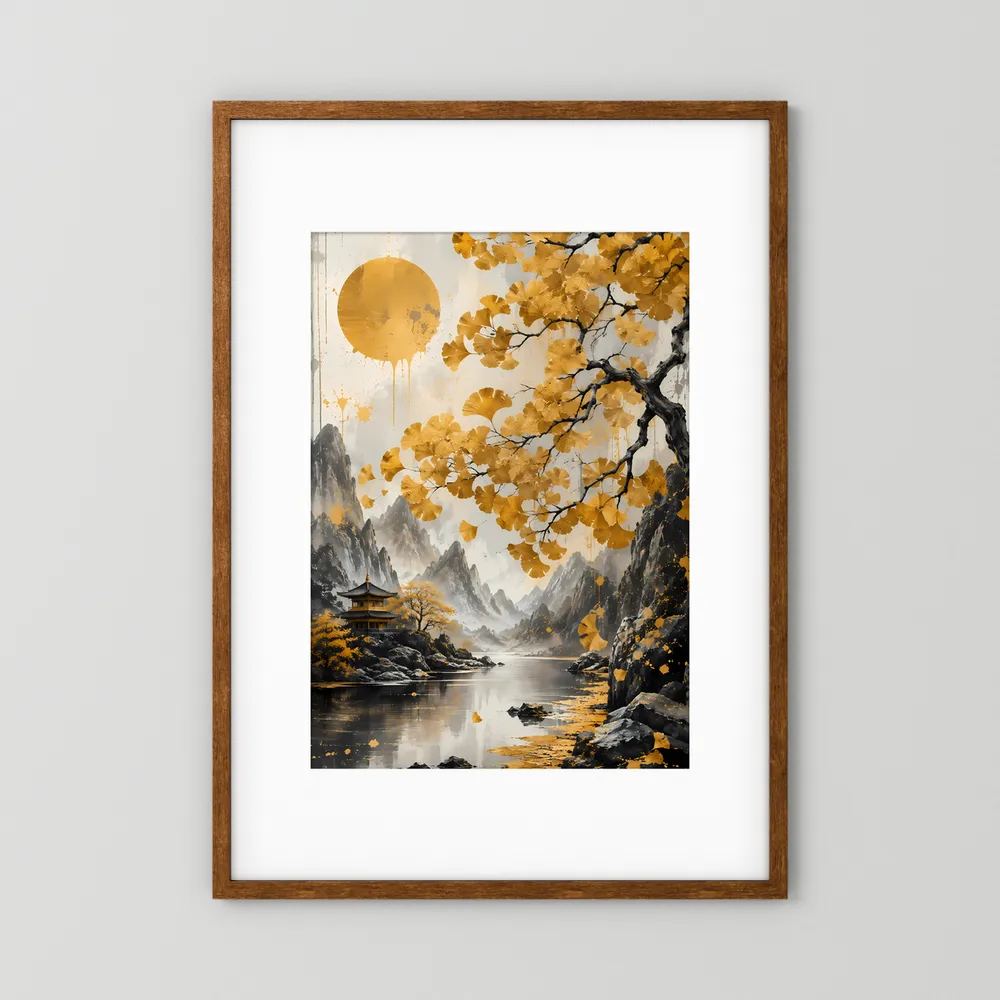 Vertikales Poster: Goldene Ginkgo-Landschaft mit Tempel, Sonnenkreis, brauner Holzrahmen