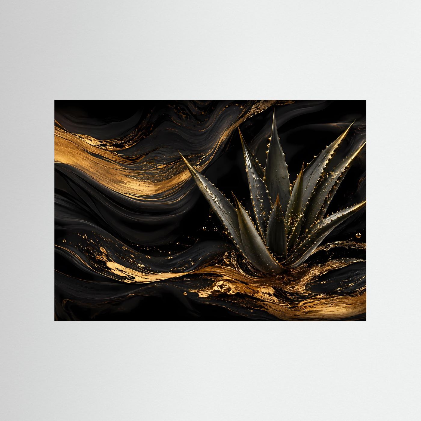 Querformat-Poster mit abstrakter Aloe in Schwarz und Gold, ohne sichtbaren Rahmen