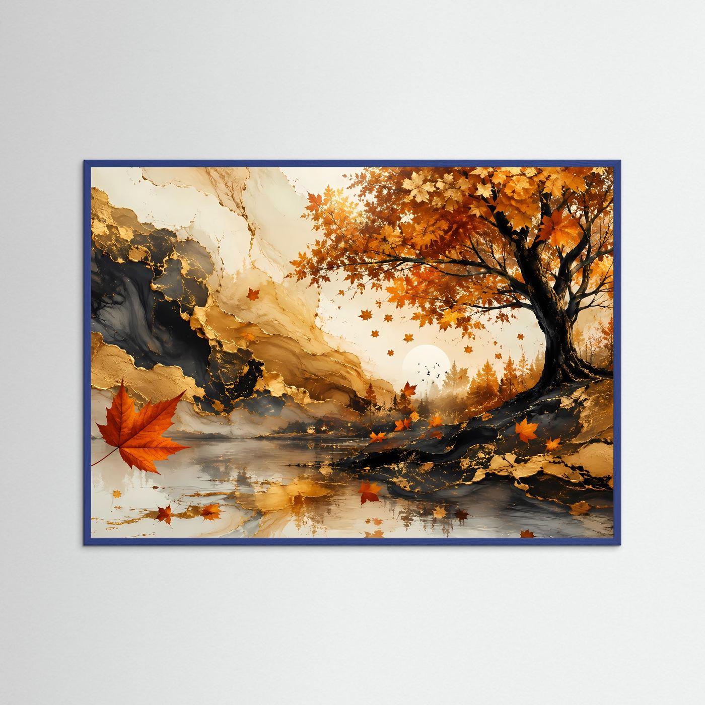 Herbstbaum Poster | Goldener Herbst Wandkunst | Abstrakte Ahorn Landschaft | Elegante Natur Wall Art | Premium Leinwandbild